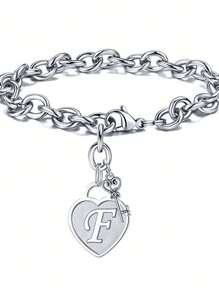 1pc Fashionable Heart Shaped Key & 26 English Letters Charm Bracelet, Chain Type