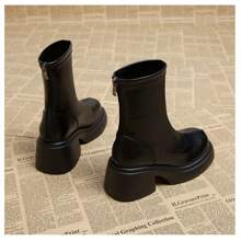 French Style Chunky Heel Boots With Height-Boosting Thick Sole, Round Toe And Waterproof Platform For Women, 2024 Autumn/Winter Collection Shorts,Wear With Black Dress - Black - View 6