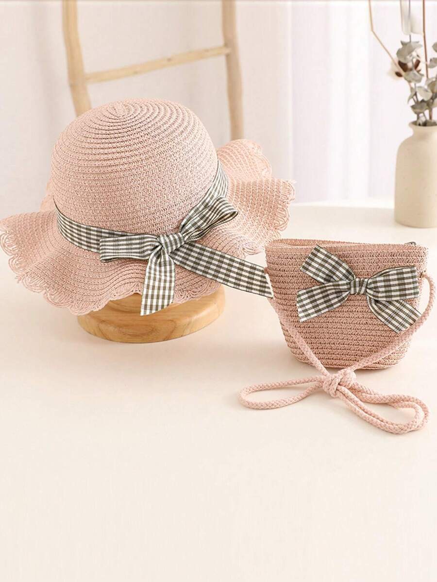 1 套女孩夏季公主蝴蝶结包带防晒帽，适合日常穿着和公主主题活动 - 粉色 - 查看 1