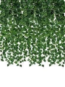 12入組人造綠色常春藤葉子花環掛飾,家居花園裝飾婚禮派對假花圈葉子diy - 綠色 - 查看 1