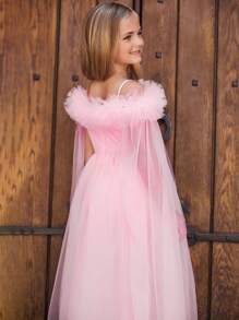 Tween Girl Off Shoulder Ruffle Trim Mesh Dress With Accessories - Pink - View 4