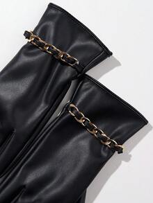 1 Pair Women's Black Pu Leather Gloves With Chain And Touch Screen Feature, Warm And Windproof, Perfect For Daily Use In Autumn And Winter - Black - View 3