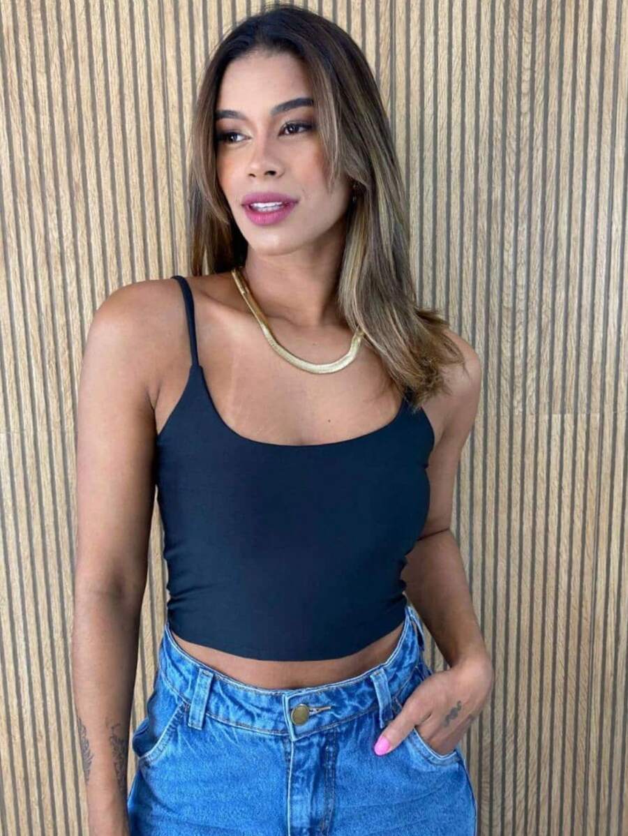 Blusa Cropped Alça Fina Suplex Feminina Estilo Blogueiras Super Envio !! - Preto - Visão 1