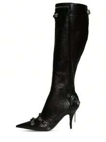 Women's Stiletto High Heel Knee High Boots With Tassel Pointy Toe Studded Zipper Booties Christmas Party Dress Shoes - 黑色 - 查看 4