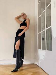 Women's Stiletto High Heel Knee High Boots With Tassel Pointy Toe Studded Zipper Booties Christmas Party Dress Shoes - 黑色 - 查看 7