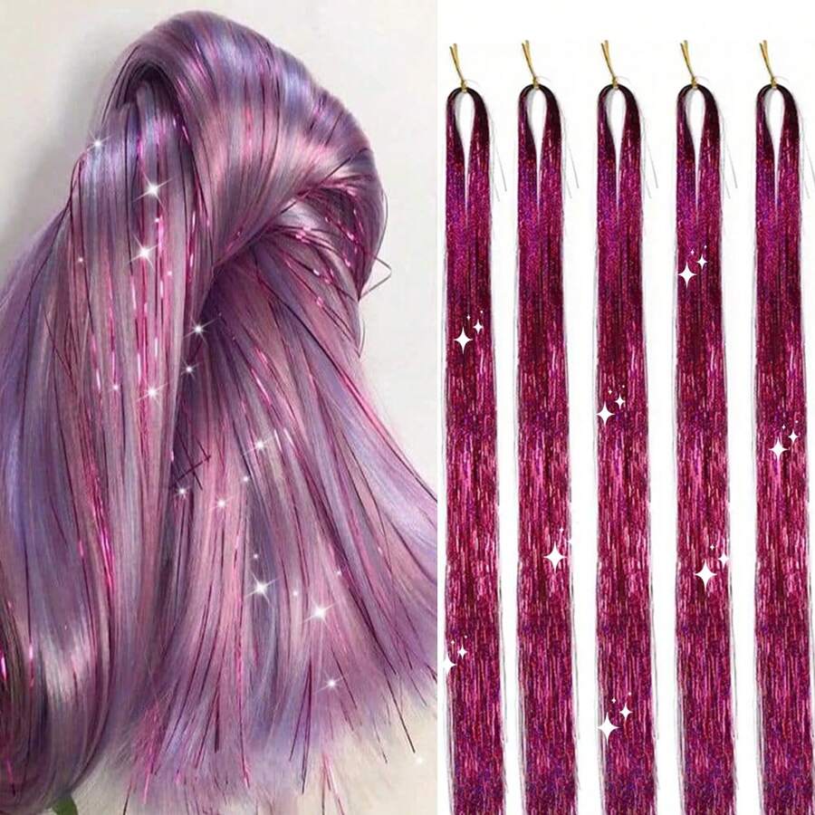 5入組/包金屬質感金屬絲髮飾,易使用,1000股線48英寸發亮接髮,適用於女士們,閃閃發光仙女假髮片,完美適用於聖誕,新年,萬聖節,角色扮演派對 - 玫紅色 - 查看 1