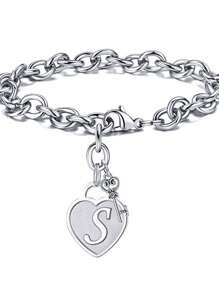 1pc Fashionable Heart Shaped Key & 26 English Letters Charm Bracelet, Chain Type