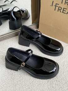 女式時尚學院風黑色圓頭 Pu 皮鞋,可搭配任何服裝 - 黑色 - 查看 3