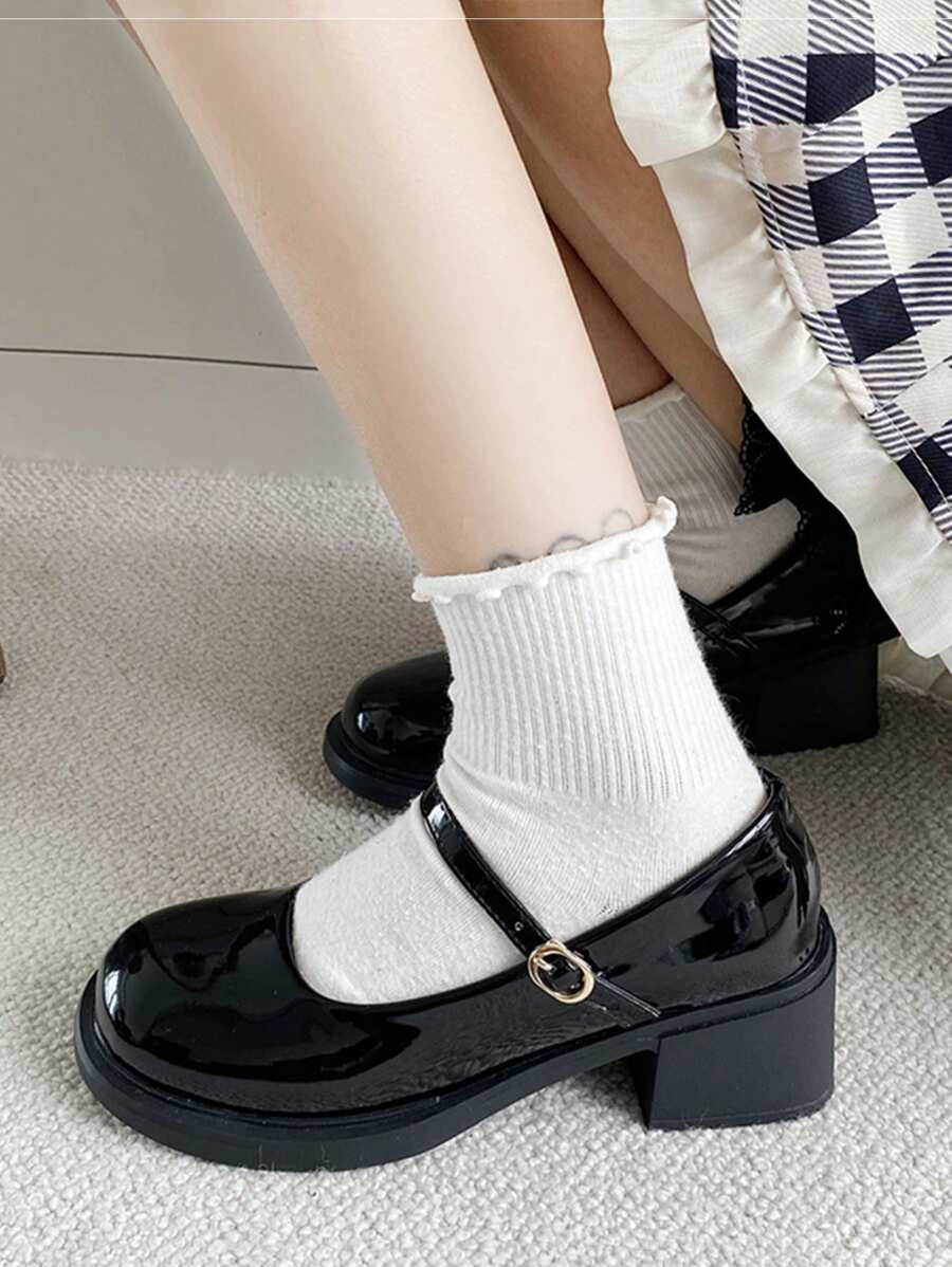 女式時尚學院風黑色圓頭 Pu 皮鞋,可搭配任何服裝 - 黑色 - 查看 1