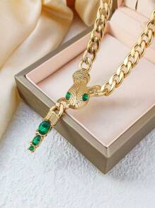 1pc Delicate Snake Pendant Necklace Inlaid With Rhinestones, Elegant Daily Wear Accessory For Women - Yellow Gold - View 5