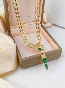 1pc Delicate Snake Pendant Necklace Inlaid With Rhinestones, Elegant Daily Wear Accessory For Women - Yellow Gold - View 4