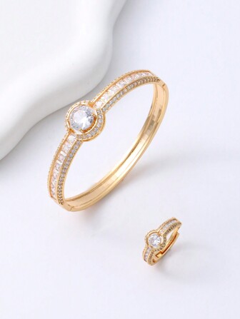 1套女士歐美風格14k鍍金銅經典、奢華、優雅手鍊和戒指套裝,鑲嵌迷你鑽石的大立方氧化鋯石,適合日常佩戴