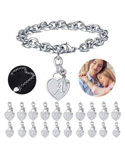1pc Fashionable Heart Shaped Key & 26 English Letters Charm Bracelet, Chain Type