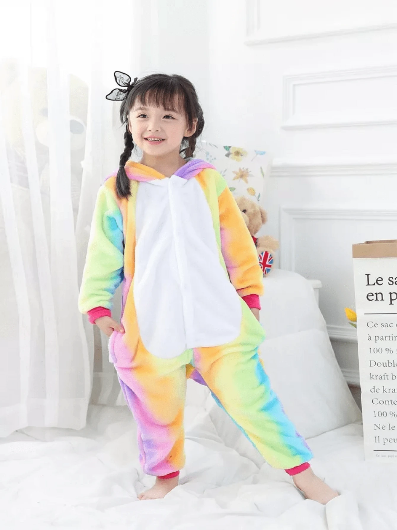 Mameluco de Unicornio para dormir con estampado de unicornio de con capucha, Pijama Mameluco Unicornio Arcoiris Multicolor Niña Infantil - 110 - Ver 1