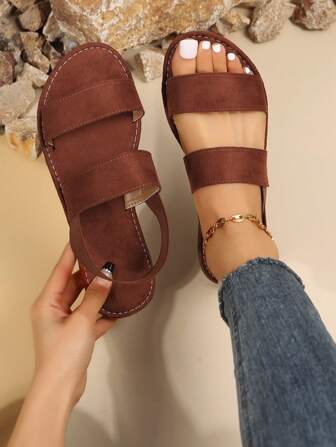 Women's Elastic Ankle Strap Flat Sandals, Solid Color Open Toe Non-slip Beach Shoes, Casual And Lightweight For Summer