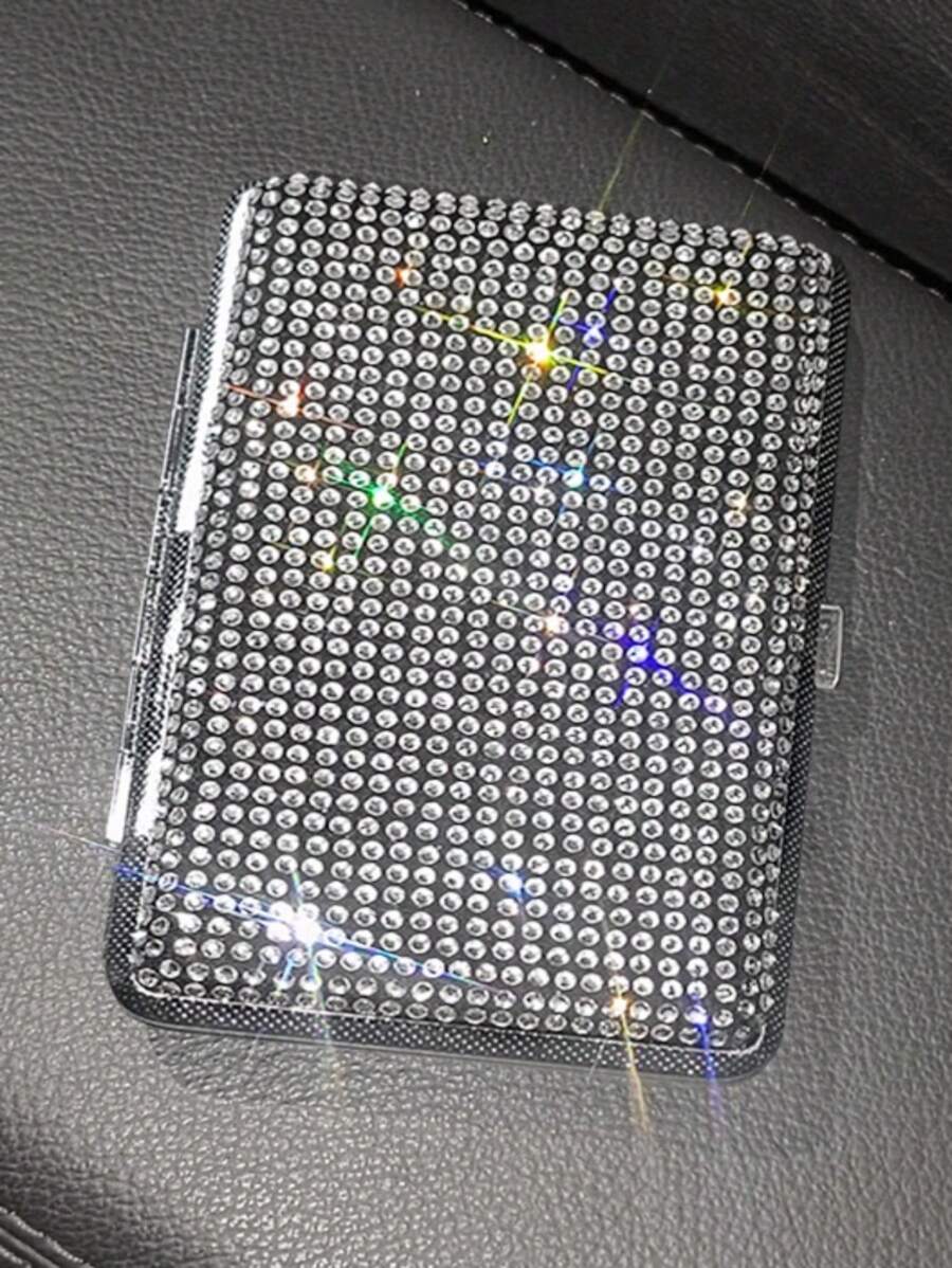 1入組水鑽車矩形煙盒,金屬亮絲85mm特大號(14-16容量)水晶金光閃閃牢固兩面大殼套盒垃圾桶適用於 - 白色 - 查看 1