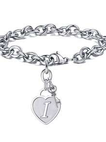 1pc Fashionable Heart Shaped Key & 26 English Letters Charm Bracelet, Chain Type