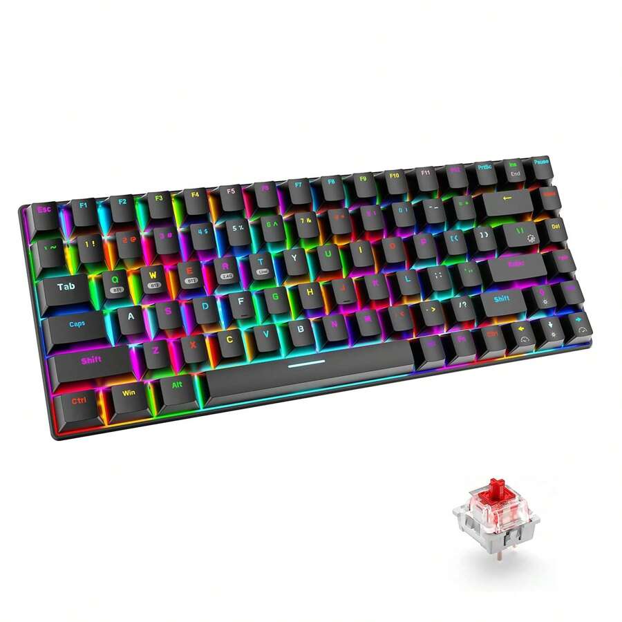 Wireless Gaming Keyboard Mechanical Blue LED Backlit Bluetooth 5.0/Wireless 2.4G/Wired 84 Keys Mini Keyboard With Rechargeable 3000mAh Battery Brown Switches Type-C USB Receiver For Windows Gaming PC - 黑紅 - 查看 1