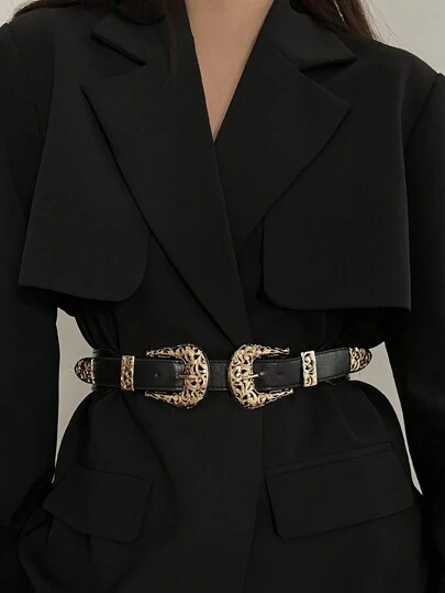 1 pieza Cinturón negro para mujer con hebillas dobles, diseño de alta gama vintage para Halloween, verano, escuela, otoño, Halloween