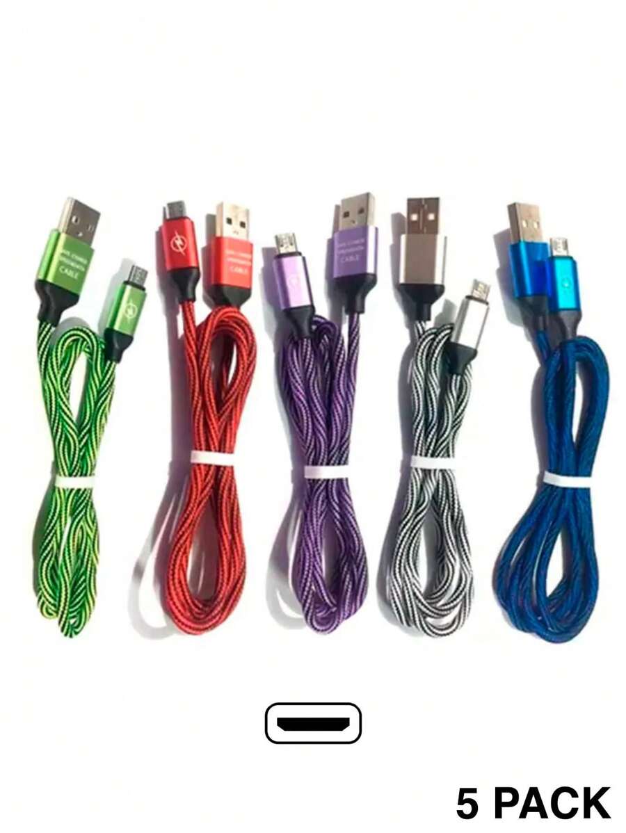 Pack 5 Piezas Cable V8 Micro Usb Tela Carga Rapida De Colores Rayo - Blanco - Ver 1