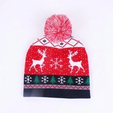 1 件裝馴鹿圖案蓬鬆針織女式帽子,均碼適合所有人 - 紅色 - 查看 3