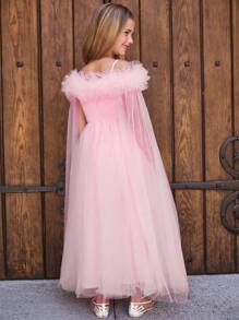 Tween Girl Off Shoulder Ruffle Trim Mesh Dress With Accessories - Pink - View 3