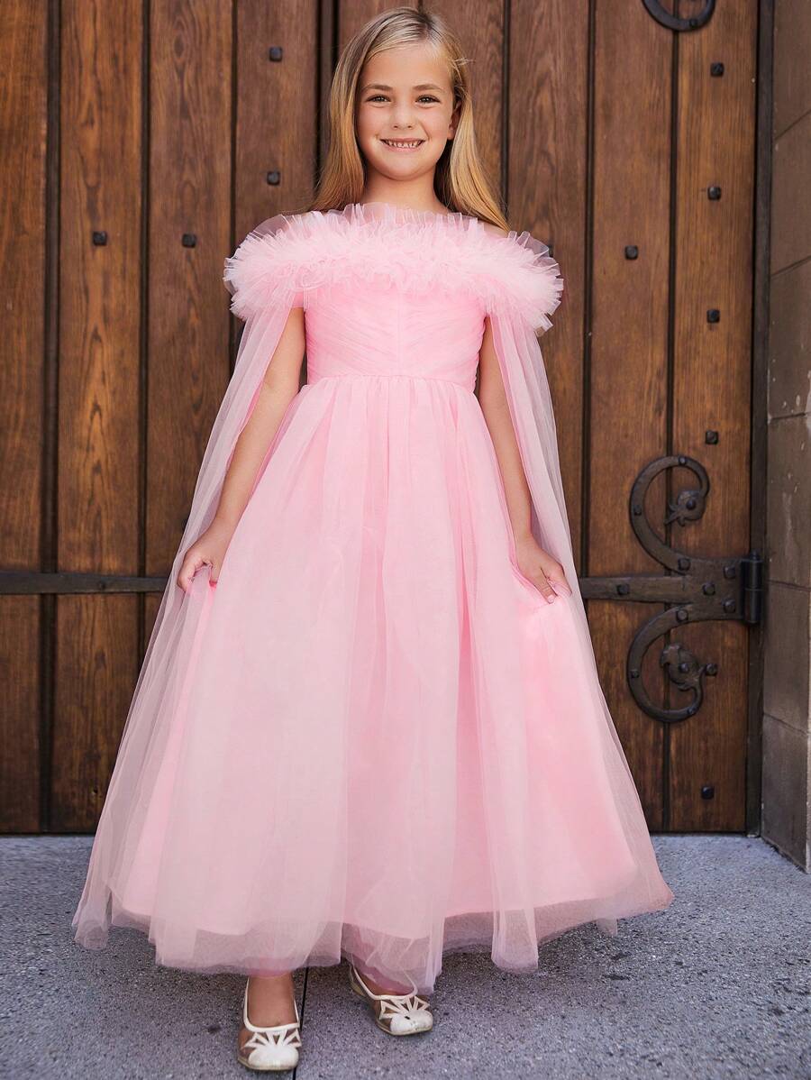 Tween Girl Off Shoulder Ruffle Trim Mesh Dress With Accessories - Pink - View 1