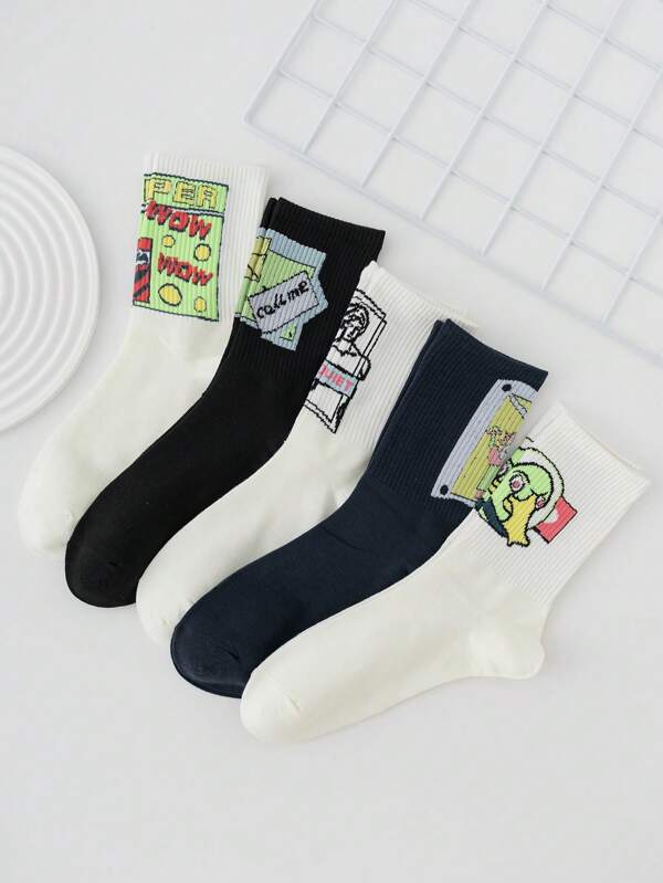 5pairs Men Letter & Figure Graphic Crew High Socks
