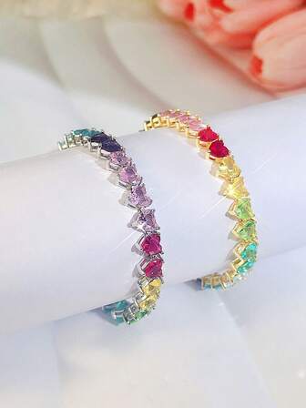 SEQUITO 1 Pieza Pulsera de Bangle con Corazón Romántico Enchapado en Oro Blanco con Circonita Cúbica Multicolor Cristalina Joyería de Fiesta como Regalo de Cumpleaños para Mujeres y Niñas