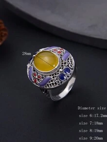 1枚复古个性化设计青金石和黄玛瑙串珠925纯银戒指，多种尺寸可选，是送给女性的最佳礼物。 - 黃色 - 查看 5