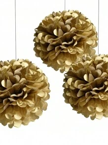 3 件金色人造纸花纸巾球适用于生日婚礼派对装饰、圣诞节 - 金色 - 查看 3