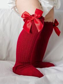 1 Pair Children\ Solid Color Breathable Bow Detail Knot Mid-Calf Socks Spring And Autumn Style