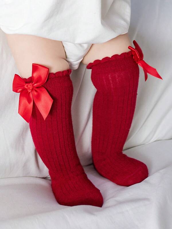 1 Pair Children\ Solid Color Breathable Bow Detail Knot Mid-Calf Socks Spring And Autumn Style