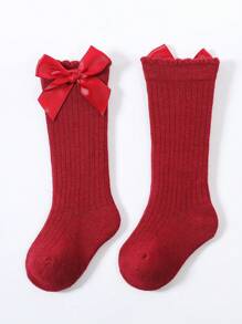 1 Pair Children\ Solid Color Breathable Bow Detail Knot Mid-Calf Socks Spring And Autumn Style