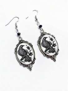 1 對哥特式黑色烏鴉浮雕樹脂耳環帶銀框和黑色珠子 - 復古銀色 - 查看 2