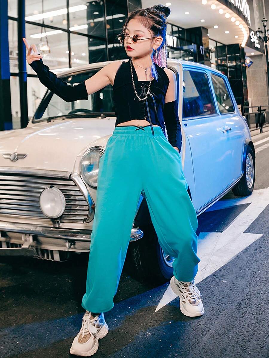 女大童上衣帶袖子 - 黑色 - 查看 1