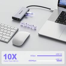 10合1 Usb-c雙螢幕基座,可與macbook/dell/hp/lenovo/surface筆記本電腦兼容,搭配4k Hdmi/vga/100w Pd/乙太網/sd/tf/type-c/音訊/usb孔的usb-c擴展器 - 灰色 - 查看 5