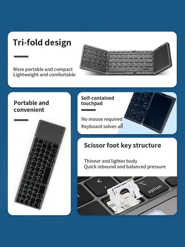 B089T Foldable Blue tooth Keyboard for Travel, TriFolding Wireless