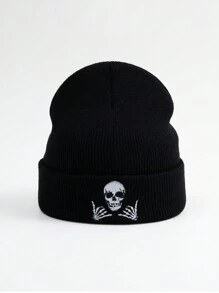 1pc Men's Skull Embroidery Knitted Hat Suitable For Daily Wear Street Halloween Skeleton - Black - View 2