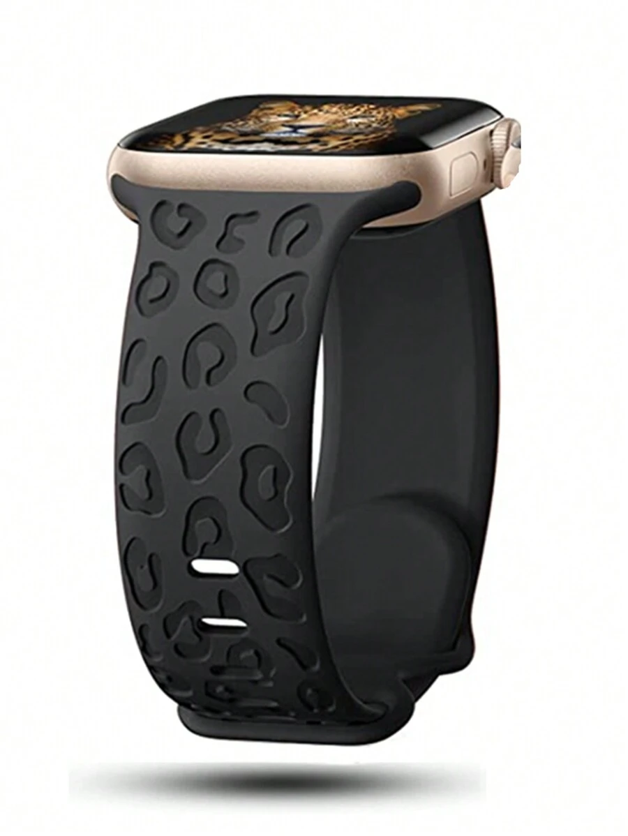 1入組刻字錶帶配Apple Watch 44mm 40mm 45mm 49mm 41mm 38mm 42mm豹紋矽膠手鐲系列7 Se 3 6 8極黑色，智能錶禮帶配Apple Watch手鐲錶帶配件 - 黑色 - 查看 1