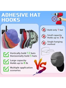 Perchero para sombreros, soporte para gorras, organizador de sombreros, ganchos para colgar, soportes de almacenamiento para gorras de béisbol, estante de almacenamiento para baño, estantes adhesivos para pared, sin perforación, gancho para colgar en la pared para sombreros, toallas, ropa, negro