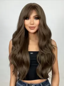 Long Curly Brown Wig With Straight Bangs Woven Chemical Fiber Hair Daily Artificial Scalp