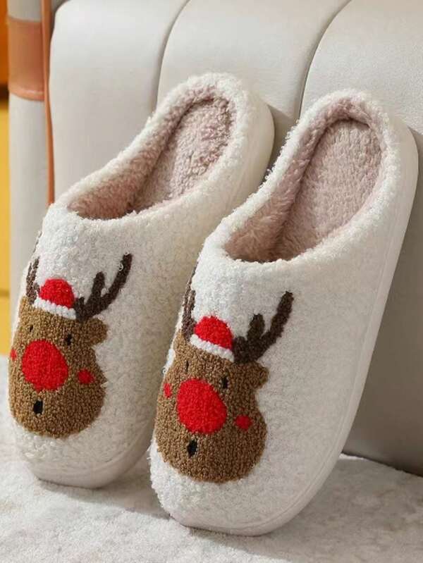 Women's Cute Deer Embroidered Towel Fabric Slippers, Tpr Sole, Thick Bottom, Antiskid, For Indoors, Home In Autumn And Winter, Christmas, 1 Pair