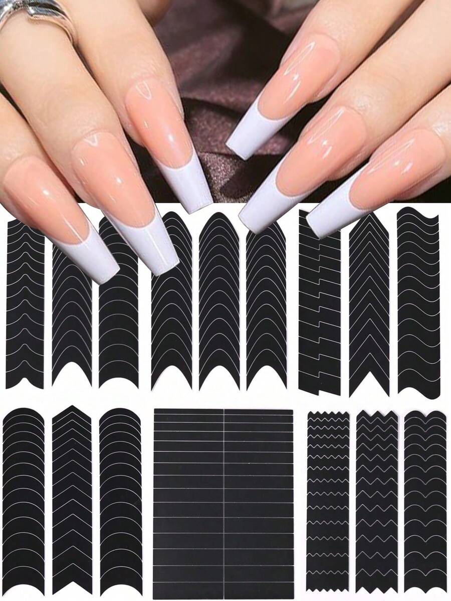 6片法式美甲贴纸，美甲模板，流苏尖头导向器，波浪线美甲胶带，DIY线条尖头装饰，法式美甲工具，波浪线美甲胶带，美甲喷枪模板套装，美甲用品