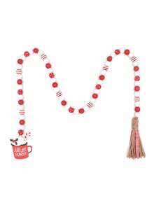 1pc Christmas Themed Tassel & Bead Decoration Made Of Creative Colored Wooden Beads And Jute Rope, Suitable For Christmas Party Supplies - Red and White - View 3