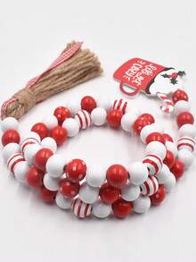 1pc Christmas Themed Tassel & Bead Decoration Made Of Creative Colored Wooden Beads And Jute Rope, Suitable For Christmas Party Supplies - Red and White - View 4