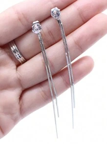 1pair Long Wire Tassel Threaded Faux Pearl Chain Dangle Earrings With Star & Heart Beaded Pendants For Women Jewelry - Silver - View 3