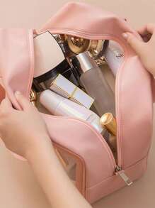 Bolsa para almacenamiento impermeable cosmetiquera neceser portátil para viaje de mano practico facil de lavar con agarradera organizador transparente - Rosa - Ver 4