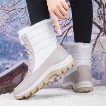 女士白色雪地靴，户外运动鞋，新款秋冬季大码冬鞋女士高帮保暖系带户外鞋，仿毛防水防滑滑雪靴女 - 白色 - 查看 1