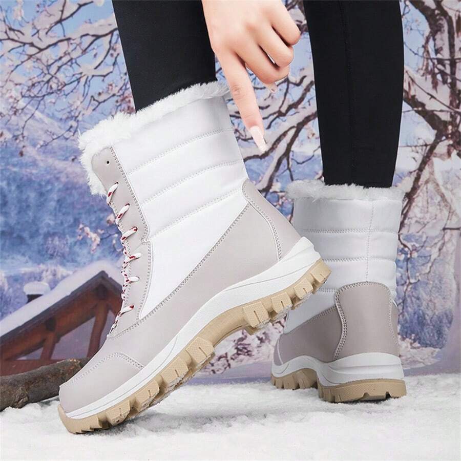 女士白色雪地靴，户外运动鞋，新款秋冬季大码冬鞋女士高帮保暖系带户外鞋，仿毛防水防滑滑雪靴女 - 白色 - 查看 1